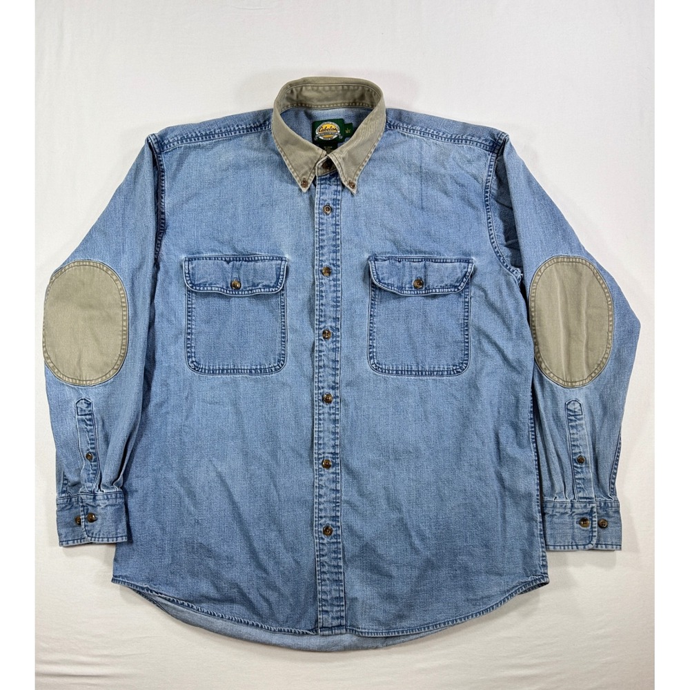 Cabelas Mens Large Blue Denim Shirt Corduroy Collar Elbow Patches 90-2608